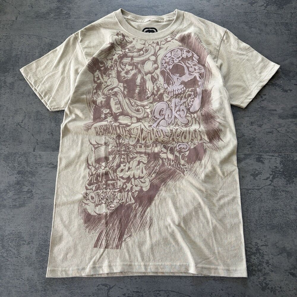 Y2K Ecko Unlimited Shirt Mens S Biege Graffiti Hip Hop Skateboard Grunge